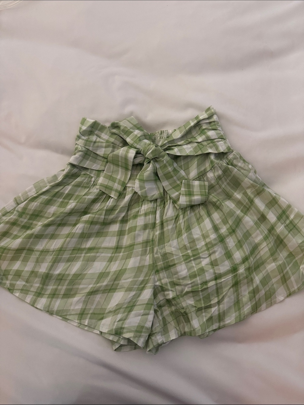 Chaser Light Green Plaid High-Waist Tie-Belt Shorts